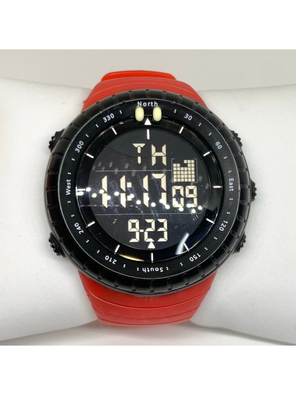 Sanda men digital watch black tone 50mm multifunction red silicone band running